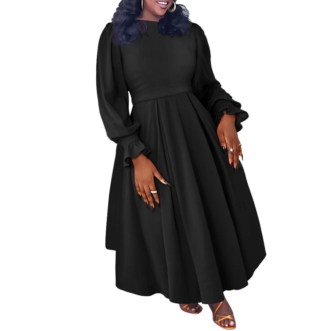 Plus size vestido de festa feminino outono inverno mangas compridas sólido cintura alta plissados vestidos casuais para senhoras roupas chritmas