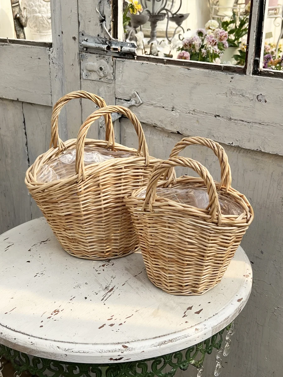 Double Handle Willow Woven Flower Basket with Plastic Waterproof Mat for Planting Flowers Garden Decoration Home Decor