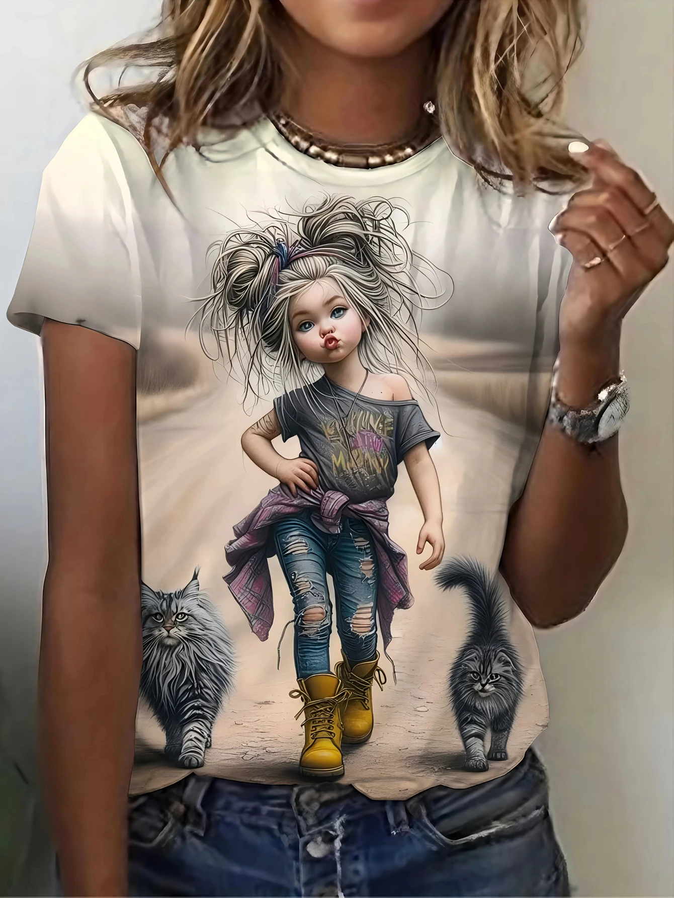 

New Women's Plus Size 3D Cartoon Pattern Short Sleeved T-shirt Elegant Casual Round Neck Top Outdoor Sports Shirt Quick Drying