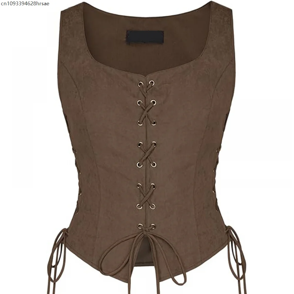 

Halloween Renaissance Square Collar Sleeveless Vest Women Lace Up Medieval Vest Pirate Costume Bandage Outfits Khaki Green Black