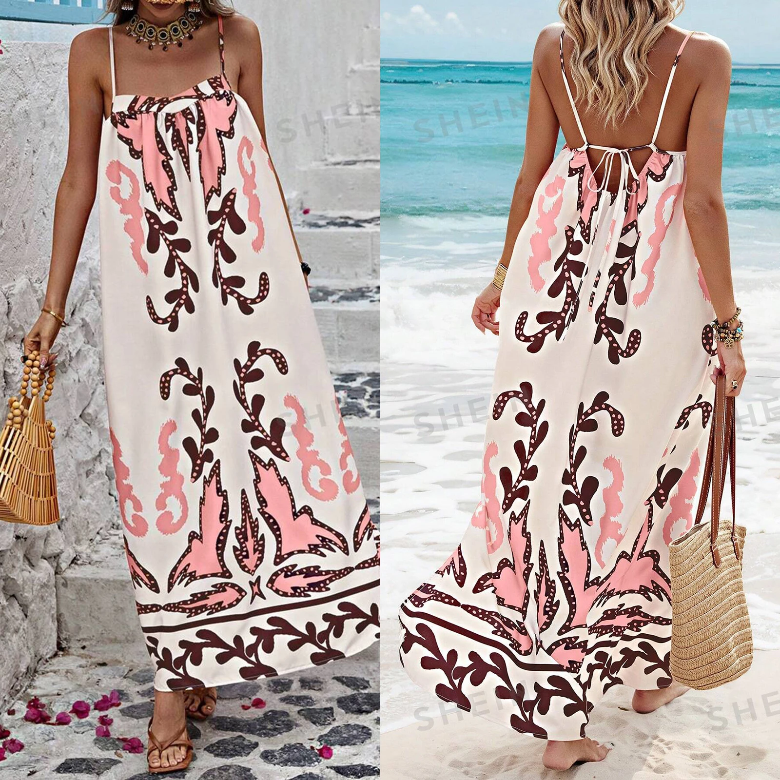 Vestido largo bohemio sin mangas con tirantes finos para mujer, ropa de playa con flores, línea A, Verano