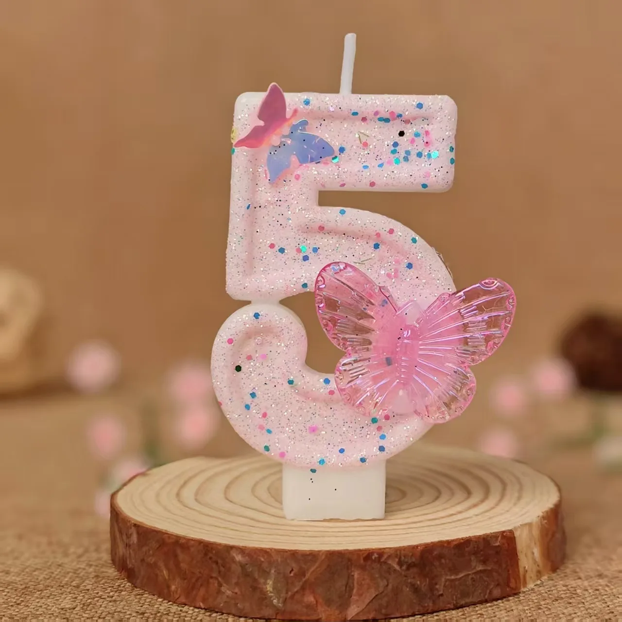 3D-Schmetterlings-Zahlenkerzen 0-9, glänzende, pinkfarbene Glitzerkerzen für Geburtstagskuchen, Kuchendekoration, Partyzubehör – Detail 9