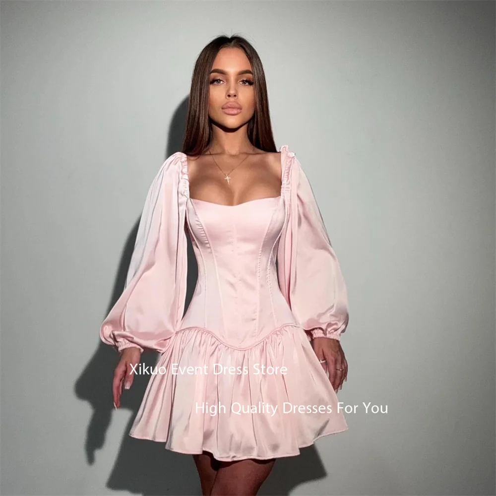 Xikuo атласные платья для выпускного вечера с пышными рукавами и квадратным вырезом на заказ, модные коктейльные платья выше колена по индивидуальному заказу