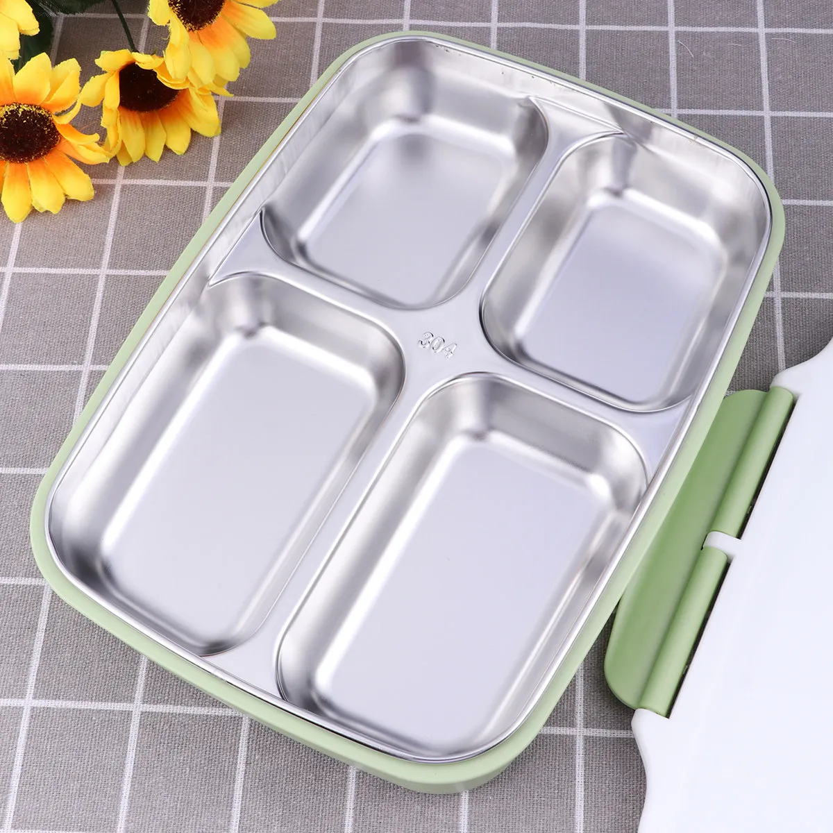 304 Stainless Steel Insulated Lunch Box Single Layer 4 Grids Leak Proof Rectangular Bento Box with Chopsticks Spoon for Student