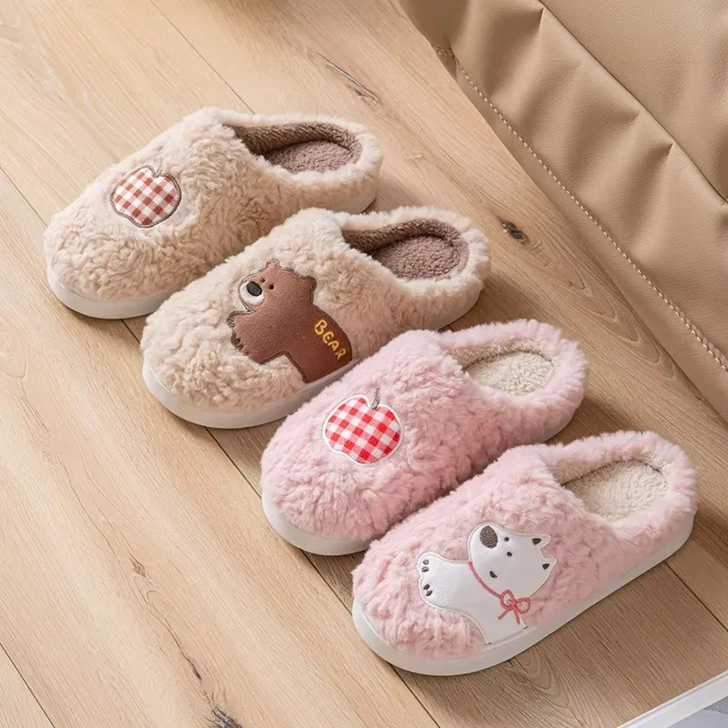 Plush Slippers for Women House Soft Bear Apple Cartoon Winter Fluffy Mules Shoes Girls Indoor Fuzzy Fur Slides Unisex Non-Slip
