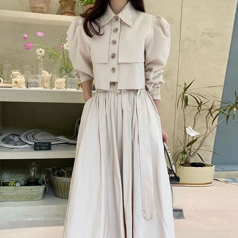 Korean Fashion Matching Sets Puff Sleeve Button Short Blouses High Waist Pleated Long Skirts Solid Color Design Women\'s Clothing