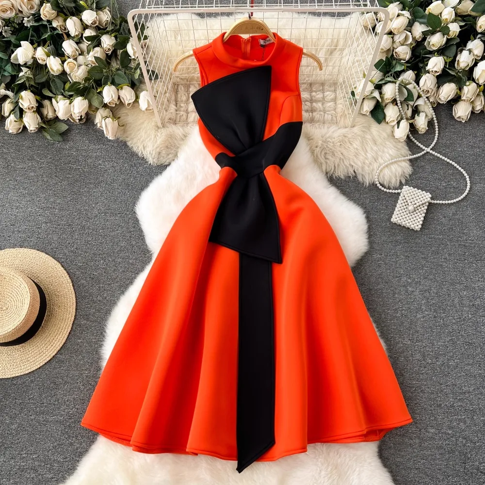 Elegant Sleeveless Vintage Stand Collar Chic Patchwork Butterfly Bow Slim A-line Dresses Evening High Street Plus Size Clothing