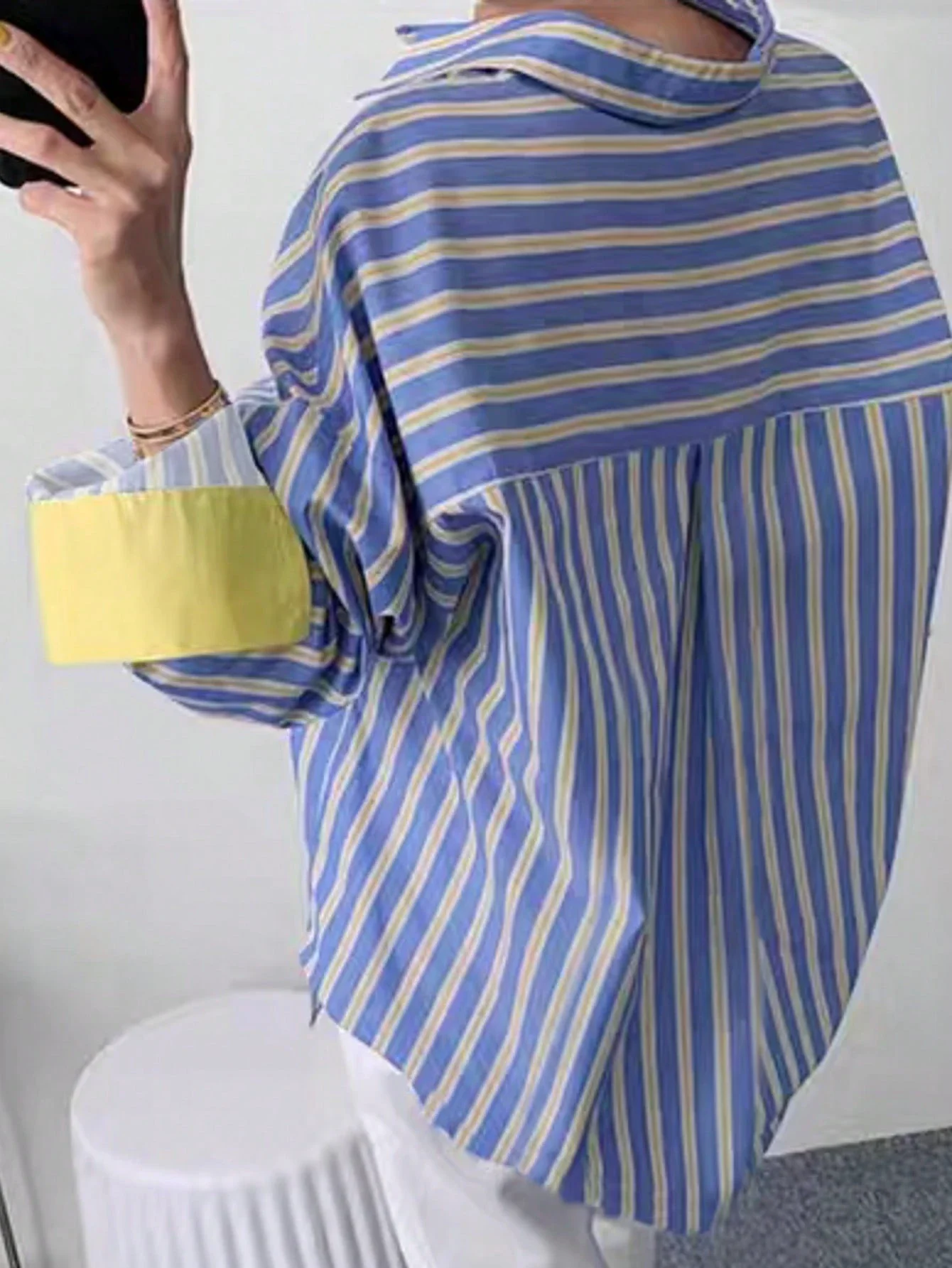 

Women's Oversized Striped Button Down Shirt Blue Yellow Contrast Cuff Loose Blouse Vintage Casual Long Sleeve Top
