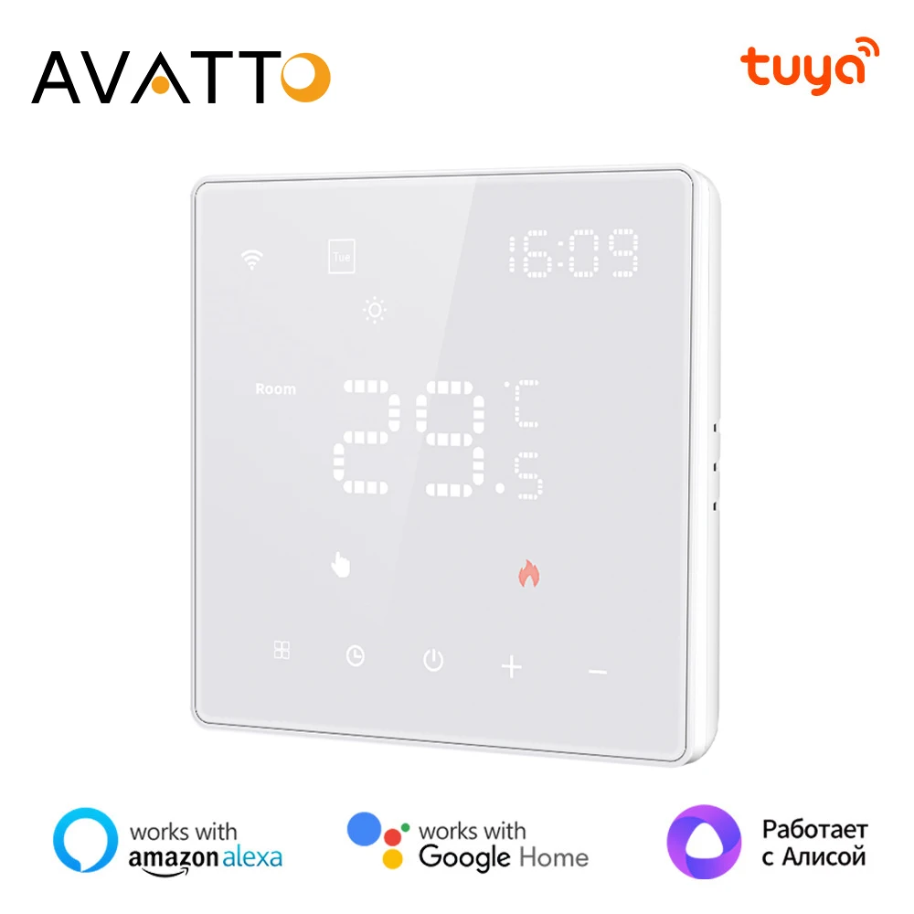 

Умный термостат AVATTO Tuya Wi-Fi, электрический регулятор температуры воды/газового котла с подогревом пола, поддержка Alexa, Google Home, Alice