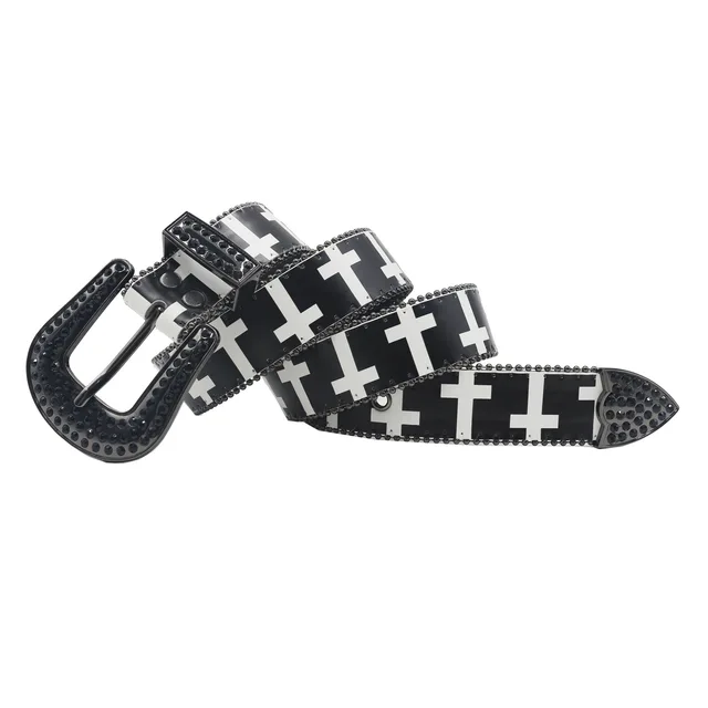 New black and white cross rhinestone printed belt Y2K