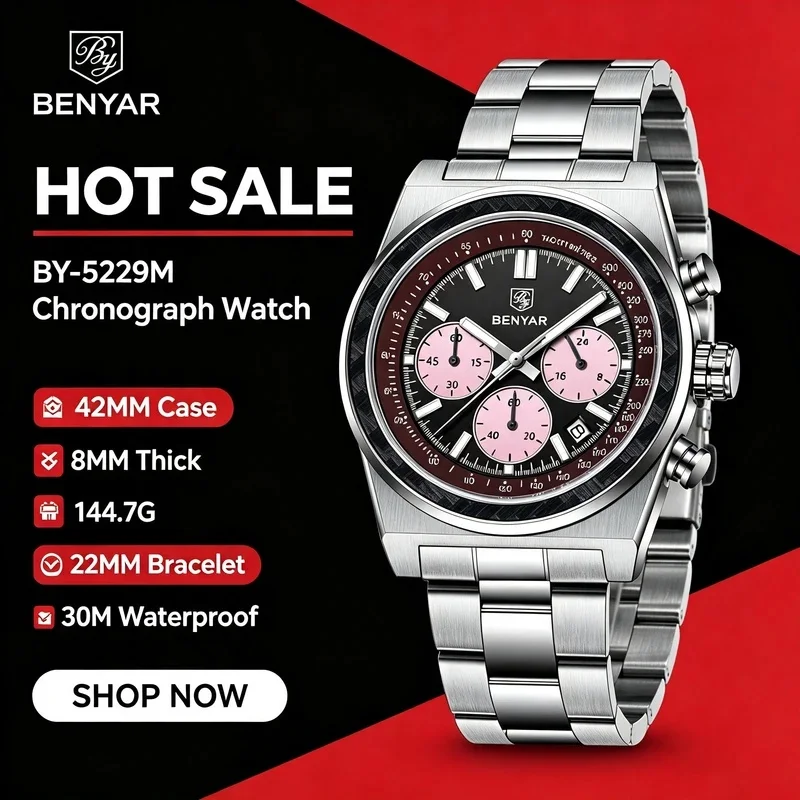 BENYAR Men Chronograph Quartz Watch 42MM Racing Sport Wristwatch Carbon Fiber Bezel Stainless Steel Luminous Male Calendar Watch