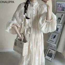 Onalippa Flower Embroidery Lantern Long Sleeves Dress Heavy Industry Solid Loose Lace Up Dresses French Style Big Hem Vestidos