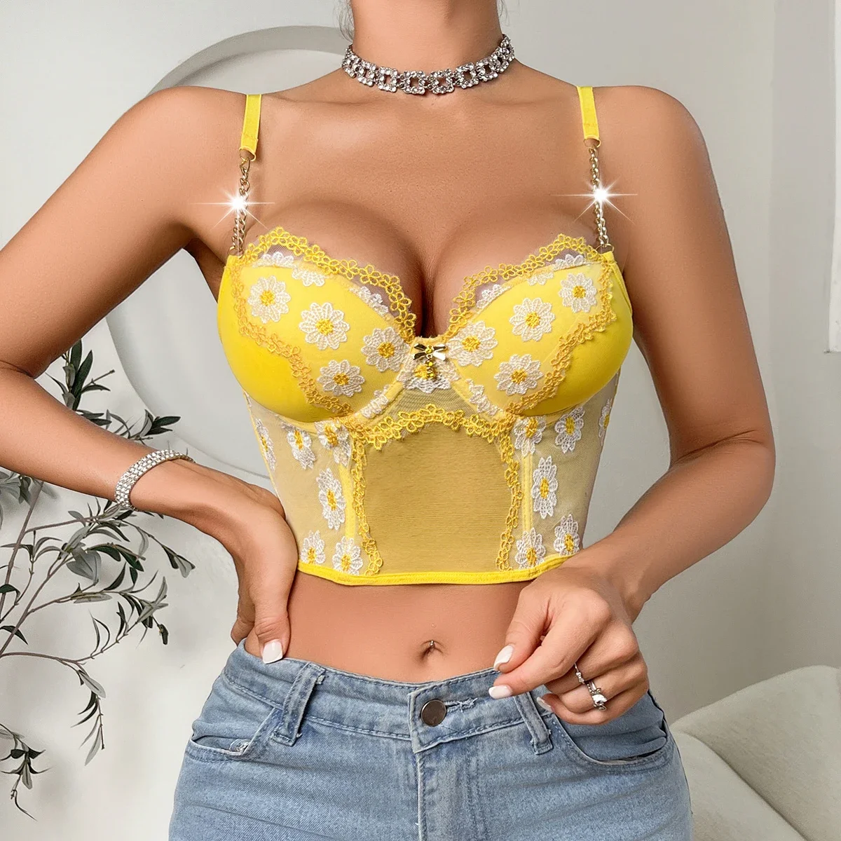 MUZISKAT 2025 New Hot Sale Women's Sexy Daisy Collection Lingerie Backless Sheer Embroidery Class Adjustment Bra Top