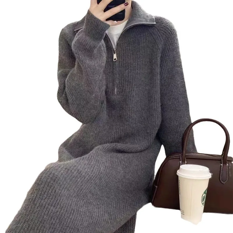 2024 Thick Warm Wool Long Sweater Dress Women Autumn Winter zipper lapel Over-The-Knee Cashmere Knit Dress Lady Pullover Dresses