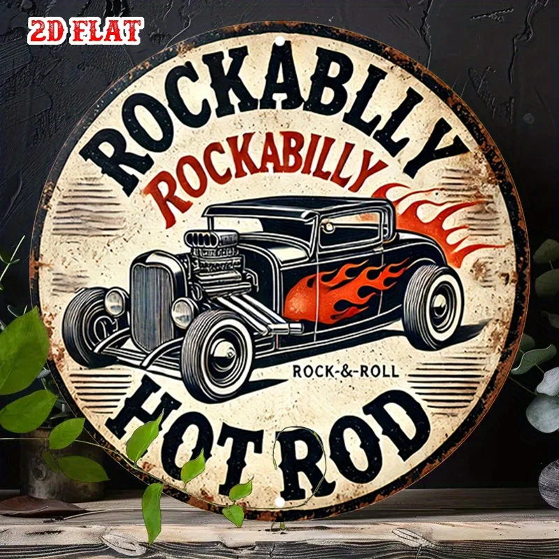Round Sign Featuring 2D Flat Flames, Perfect for Hot Rod Enthusiasts. This Rockabilly Rustic Metal Wall Art Adds a Retro Touch
