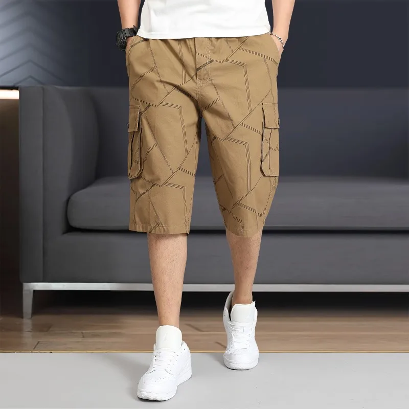 Men\'s Striped Summer Geometric Pattern Printed Button Pockets with Elastic High Waisted Loose Sportswear Trousers Vintage Shorts