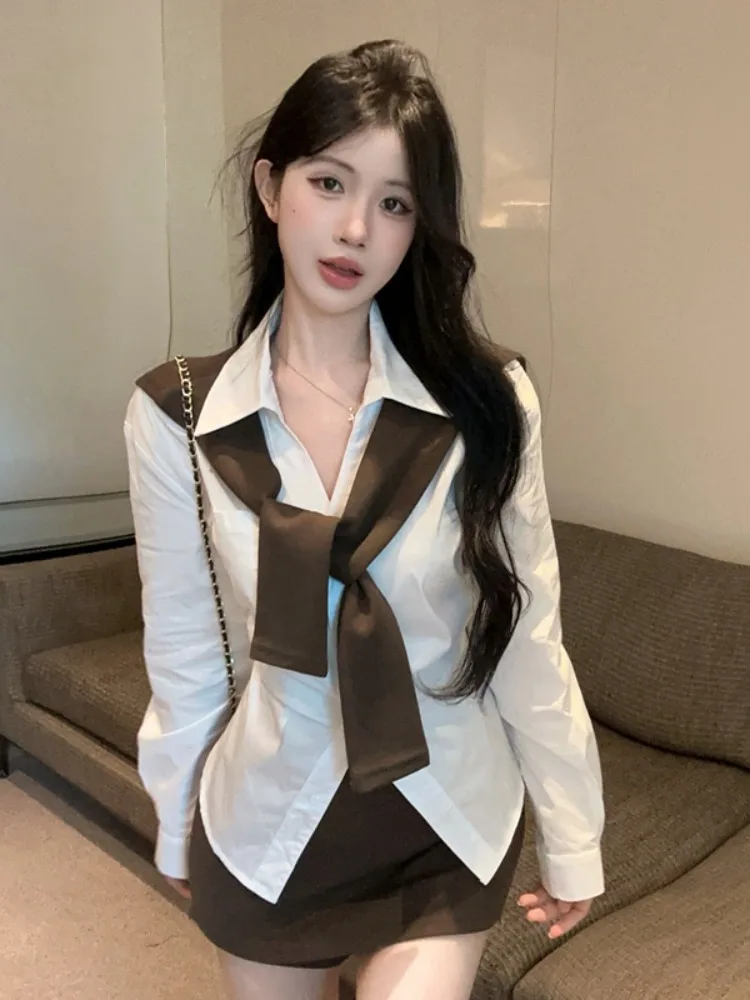 

Sexy Long Sleeve Shirt Women's Three-Piece Set Waist-Cinching Skirt Casual Cover-Up Top for Autumn Winter Stylish Commute