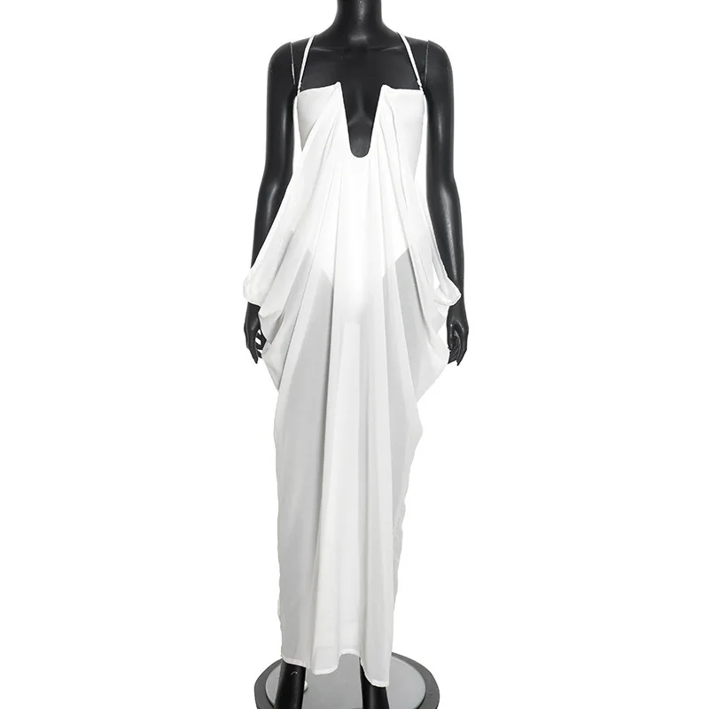 Damen Elegantes Rotes Maxikleid mit Spaghettiträgern, tiefem Schlüsselloch-Ausschnitt vorne, seitlichem Cut-Out und Overlay – Zweiteiliges Sommer-Abendkleid – Detail 4