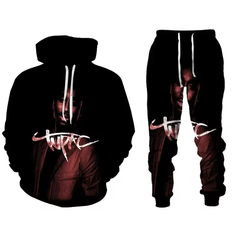 Rap cantor 2 pac tupac 3d impresso moletom com capuz calça 2 pçs define masculino feminino hip hop sudaderas ternos rua pop conjuntos de duas peças