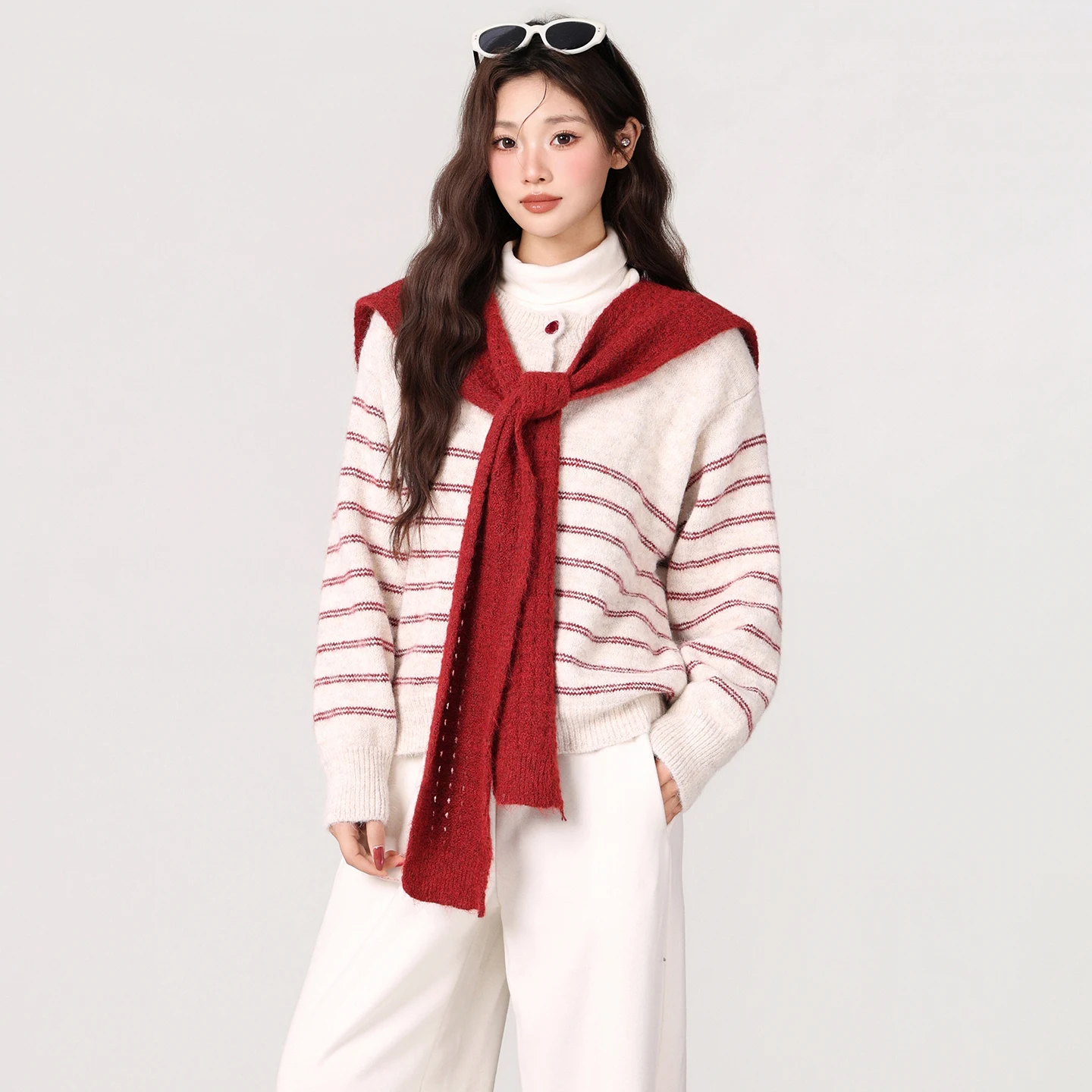 

Red Shawl Round Neck Striped Knitted Sweater Long Sleeved Autumn and Winter Lazy Cardigan Jacket Top for Women