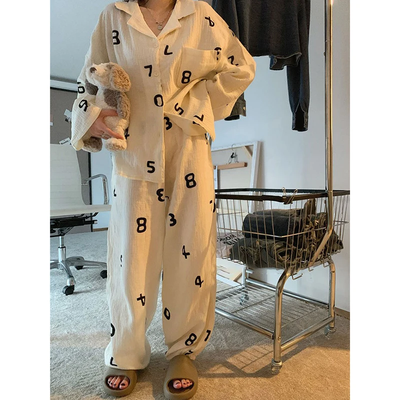 Number Sleepwear Women Pajama Sets Korean Piiama Pocket Night Wears Autumn Pants Sets 2 Pieces Button Long Sleeve Home Suit New