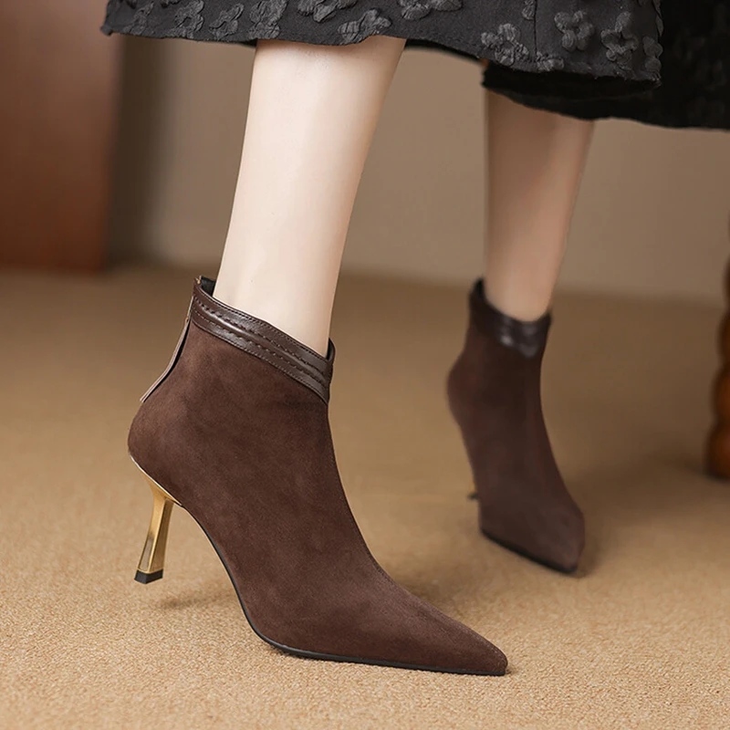 NEW Autumn Women Boots Sheep Suede Leather Shoes for Women Pointed Toe Thin Heel Ankle Boots High Heel Shoes Solid Modern Boots