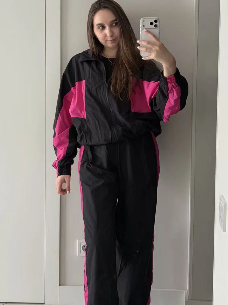 

FSMG Casual Contrast Sportswear Set Loose Long Sleeve Zipper Jacket+Elastic Waist Wide Leg Pants 2 Piece Ensemble Sporty Suit