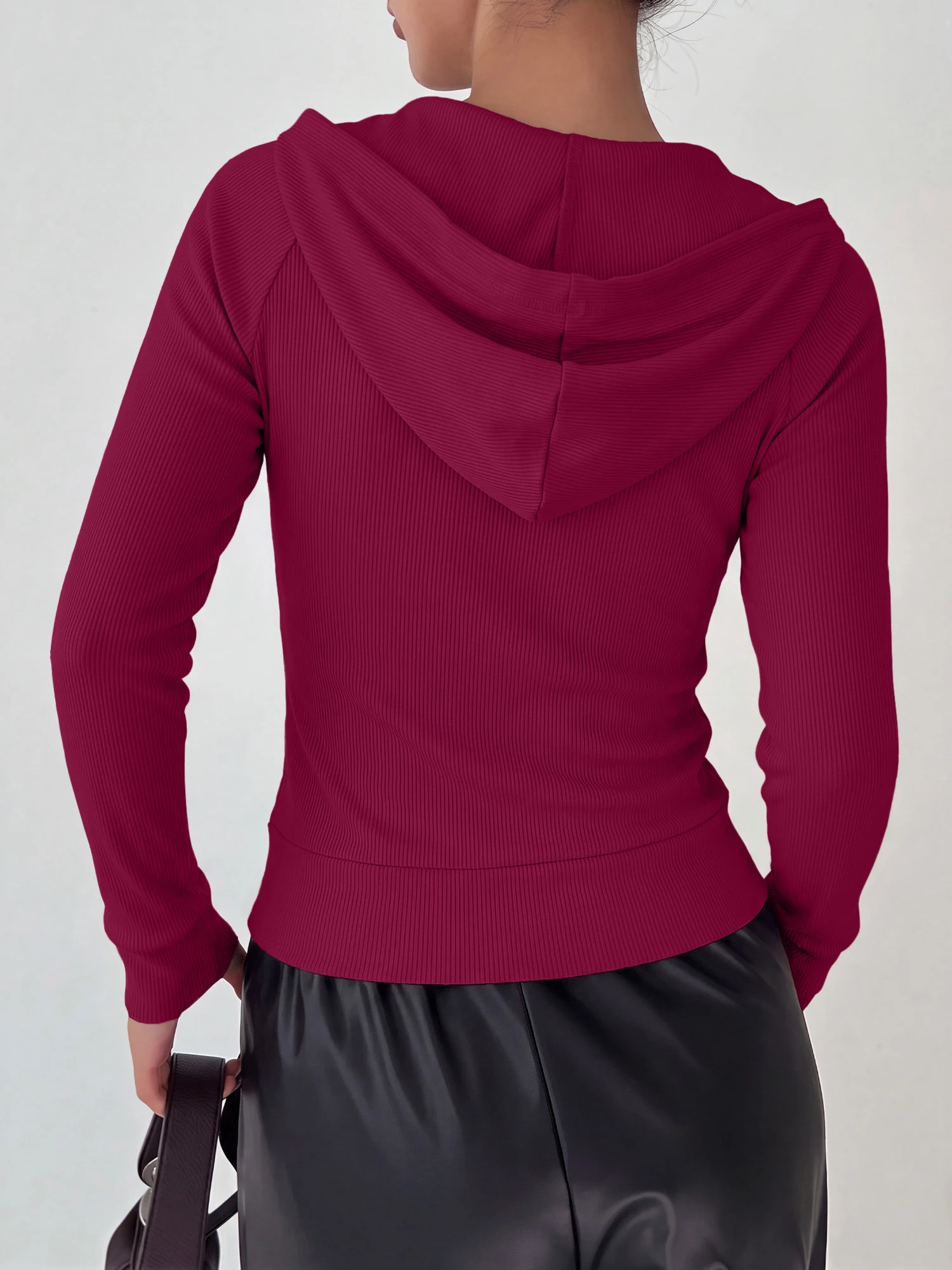 Slim Ribbed Cropped Full Zip Hoodie Jacket, Light Outerwear for Student Campus & Daily Commute