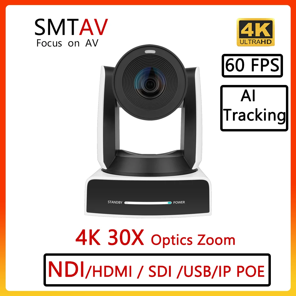 

4K NDI Camera 60FPS 30X Optical Zoom AI Auto Tracking PTZ Camera with PoE HDMI SDI USB Tally Lamp for Live Streaming,Youtube OBS