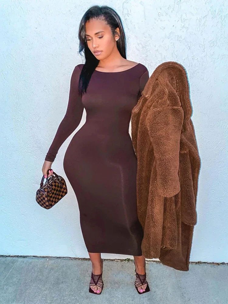 BWQ Long Sleeve Backless Brown Maxi Dress For Women Bodycon Skinny Sexy Long Dress Streetwear Party Outfits Autumn Winter