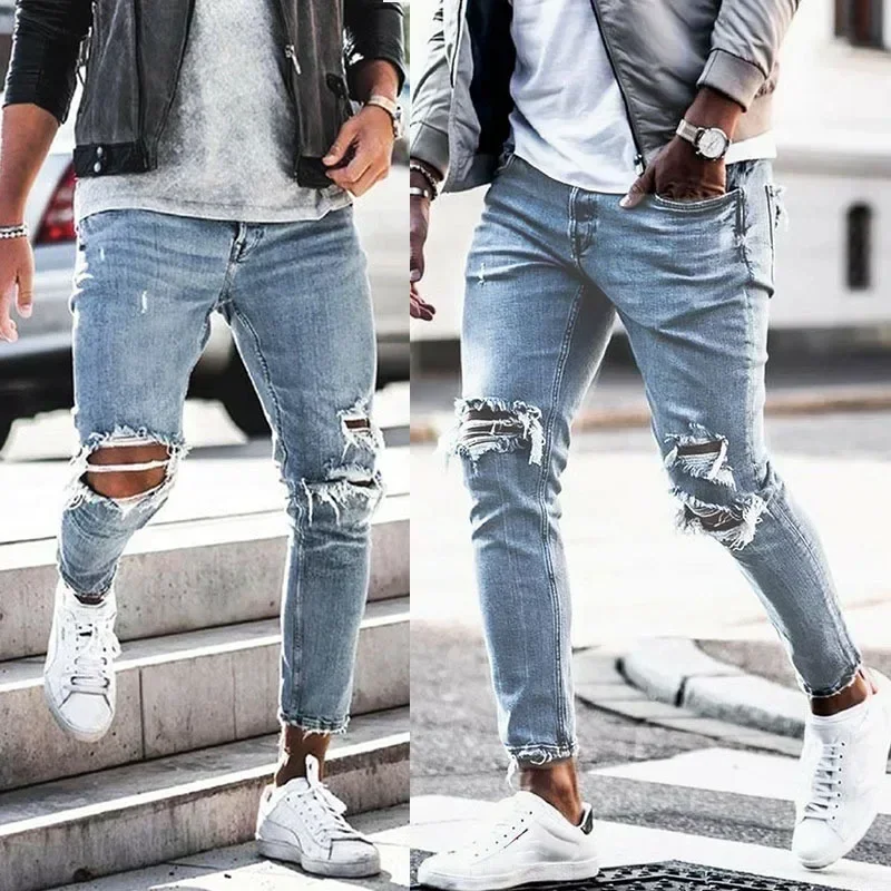 

Men Jeans Ankle Length Holes Pencil Pants Denim Mid Waist Washing Sheath Slim Fit Moto Biker Pockets Zipper Solid Color