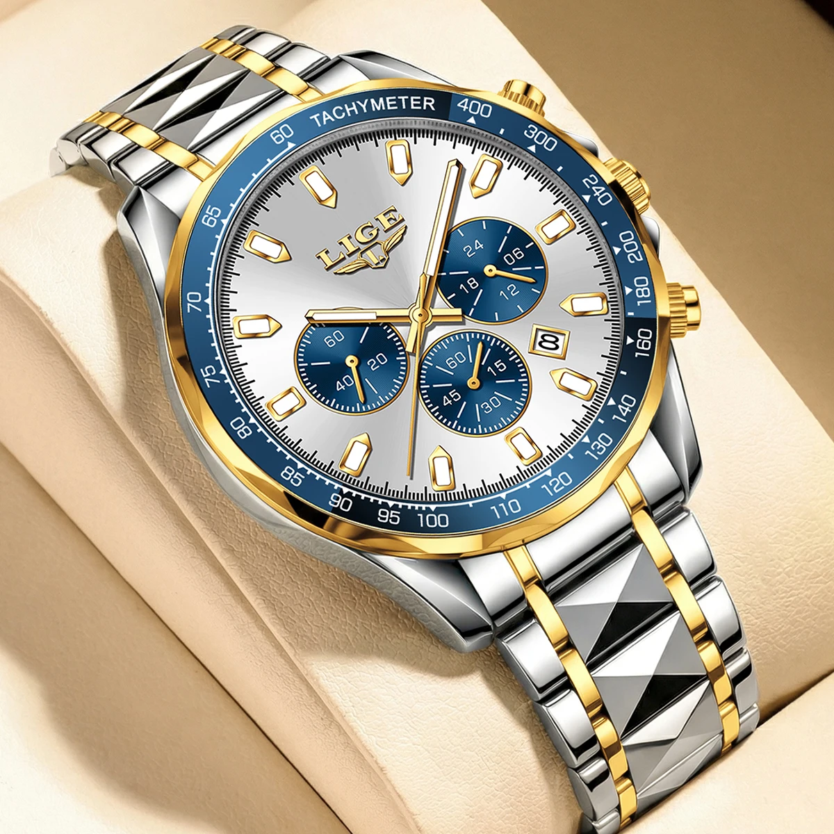 LIGE Luxury Golden Man Wristwatch Waterproof Stainless Steel Luminous Quartz Men's Watches Chronograph Date Sports Man Watch