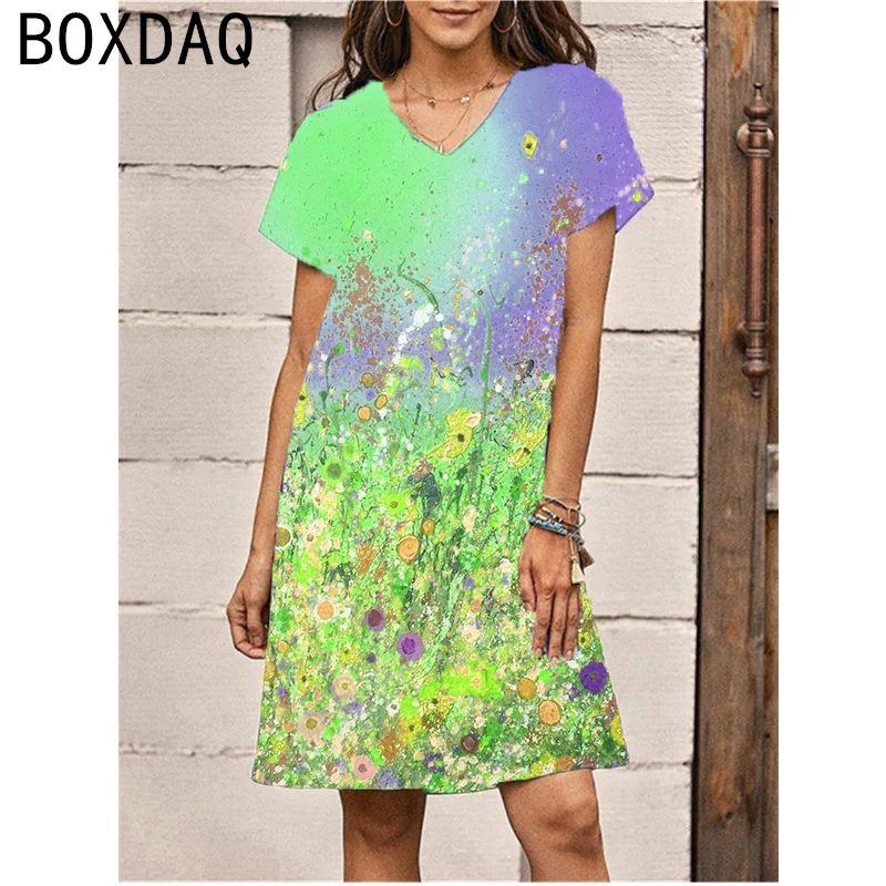 2024 Sommerkleid Mode 3d bunte Blumen Farbverlauf Kleid Frauen Kurzarm V-Ausschnitt elegante Urlaub Strand kleid große Größe Kleider