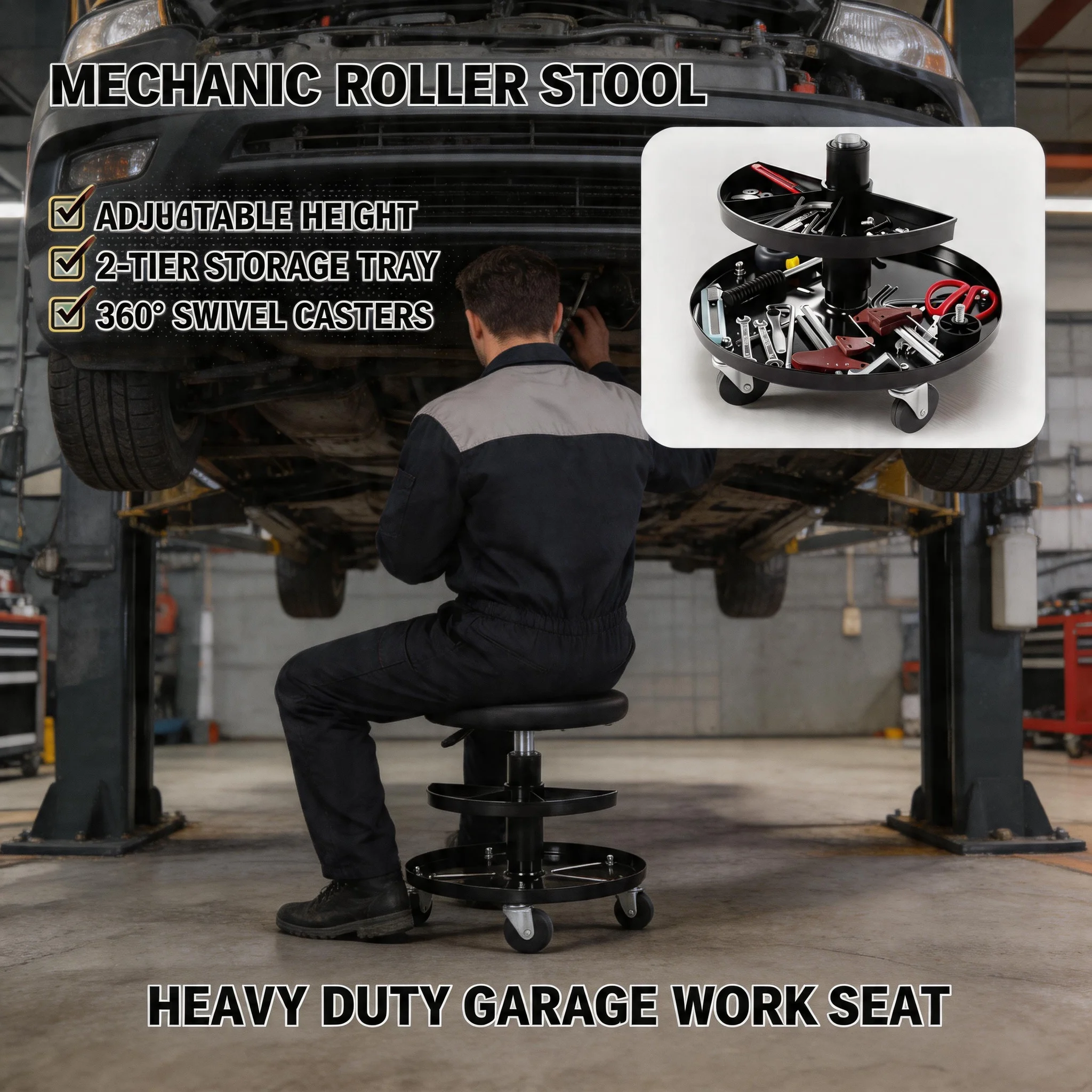 

360 Degree Rotation Car Repair Creeper Adjustable Work Stool with Backrest Wear Resistant Double Tool Roll Body Repair Equipment