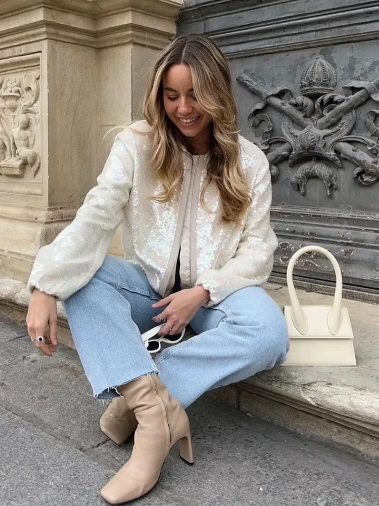 Fashion Sequins Bomber Jackets for Women 2024 Chic Female Casual Jacket Coats Ladies O-Neck Long Sleeve New Outerwear