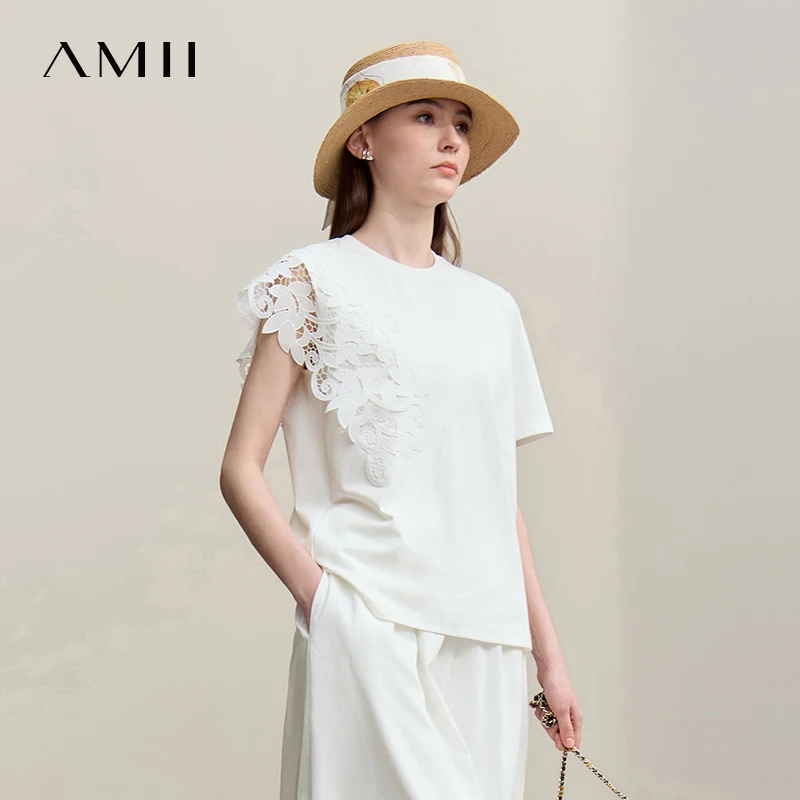 Amii T-shirt 2026 Summer New O-Neck Moisture-Wicking Cotton Tee Asymmetric Lace Loose Short Sleeve T-shirts For Women 12642023 view 3