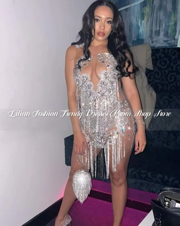 Gümüş Elmas Püskül Doğum Günü Partisi Elbiseler Kadınlar için Sparkly Kristal Şeffaf Örgü vestido baile de gala luxo Kokteyl Özelleştirilmiş
