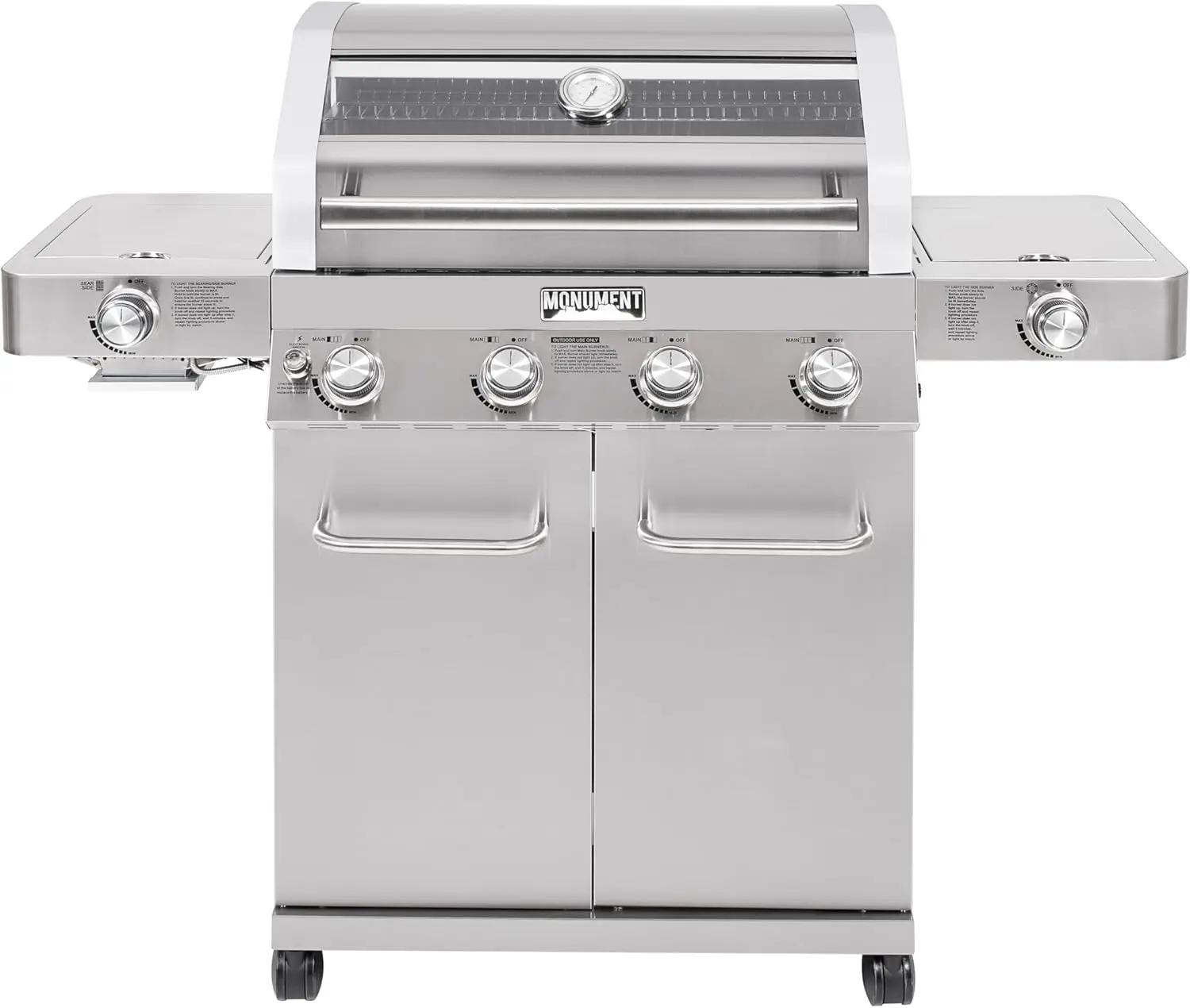 

Monument Grills Larger 4+2 Burner Propane Gas Grills Stainless Steel Cabinet Style with Clearview® Lid, Knob Controls, Built-In Thermometer, Infrared Side Sear Burners & Side Burners