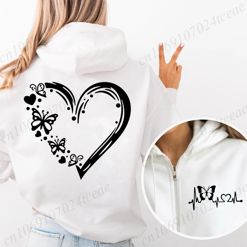 

New Fashion Zipper Hooded Hoodie Clothes Butterfly Heart Printed Fashion Sweatshirts Casual Fashion Zip Up Jackets Coat Tops