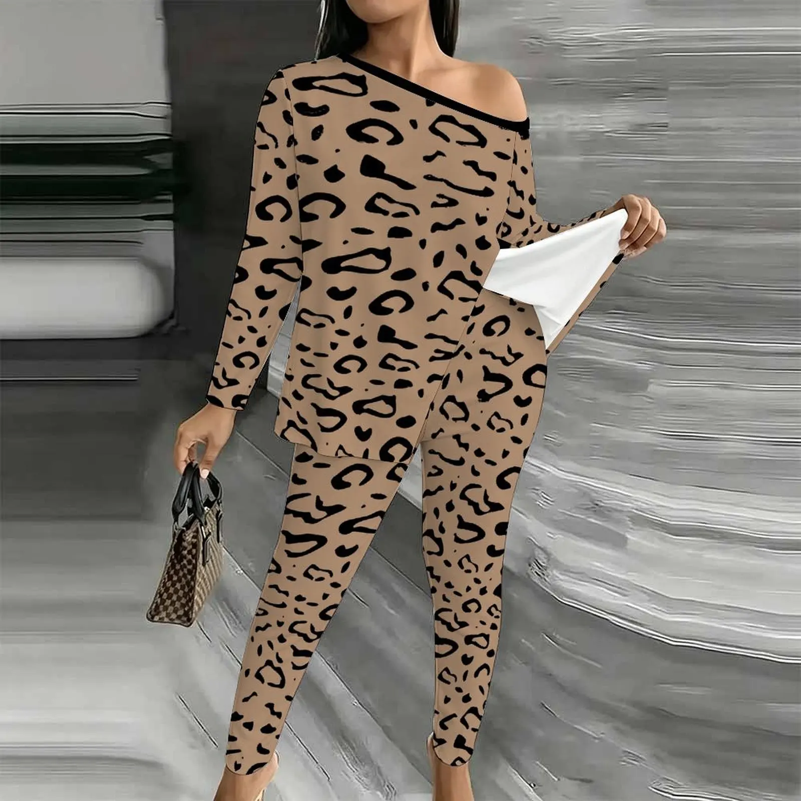 Winter Women's Diagonal Collar Long Sleeved Autumn Elegant Two-piece Set Off Shoulder T-shirt Fashion Printed Jogging Pants