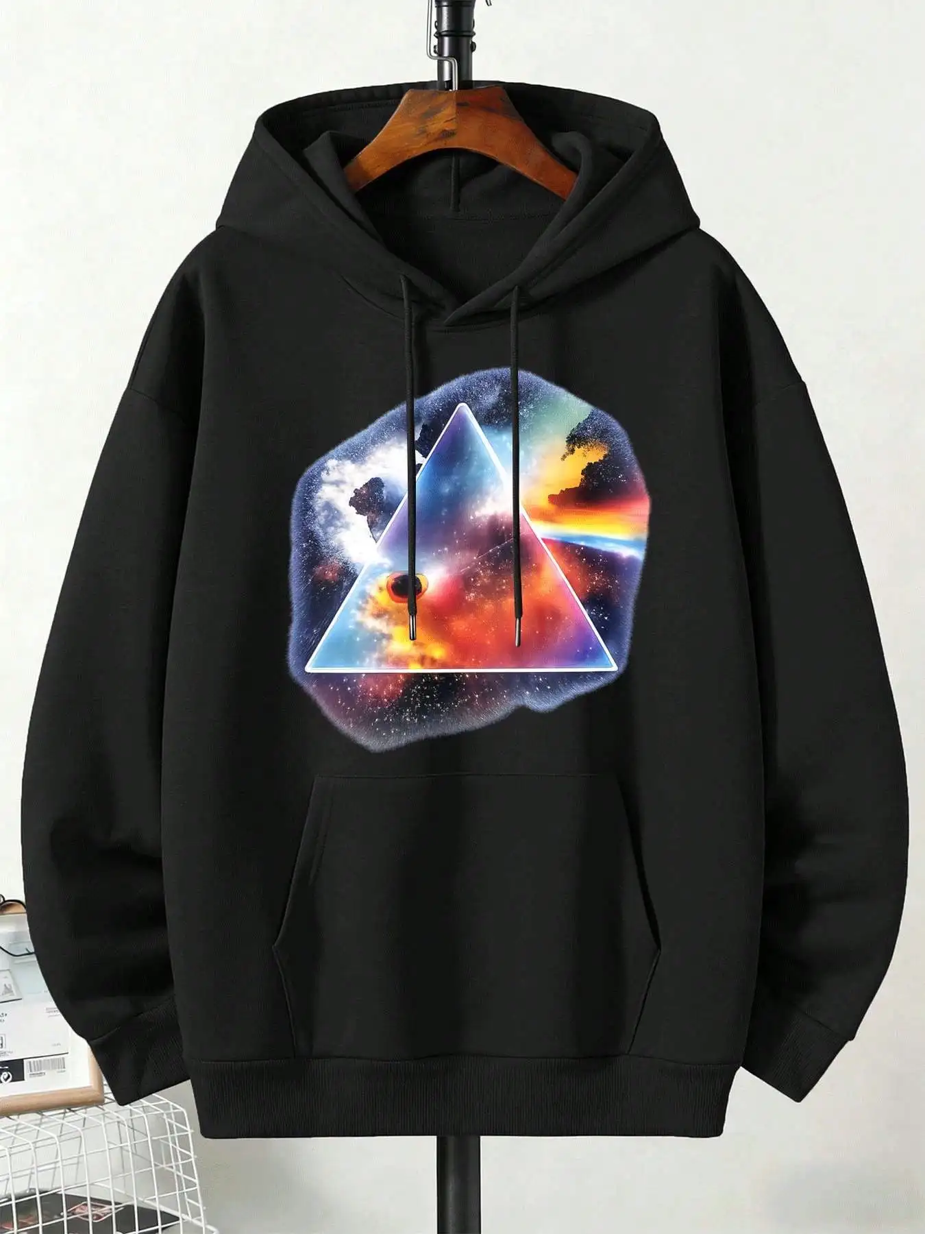 Mens Casual Pullover Hoodie, Colorful Cosmic Galaxy Space Triangle Universe Graphic Print Hooded Sweatshirt, Loose Fit Long Sleeve Hoody With Pocket For Street Daily Wear