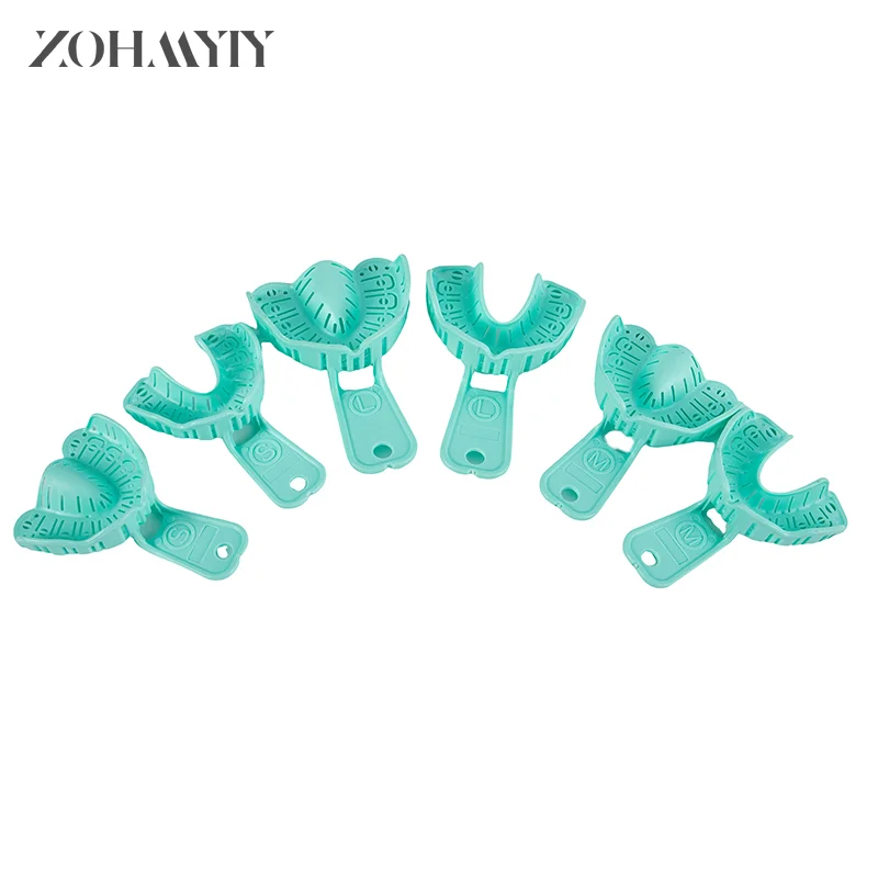 6Pcs Dental Implant Tray Green Full Mouth Removable Partial Mold Tray Easy To Fold Baffle Plastic S/M/L