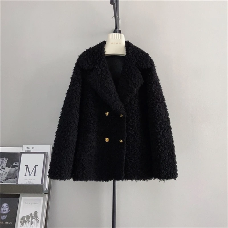 

2023 Winter New Real Wool Fur Suit Collar Jacket Lady Sheep Shearling Warm Short Casual Coat PT487