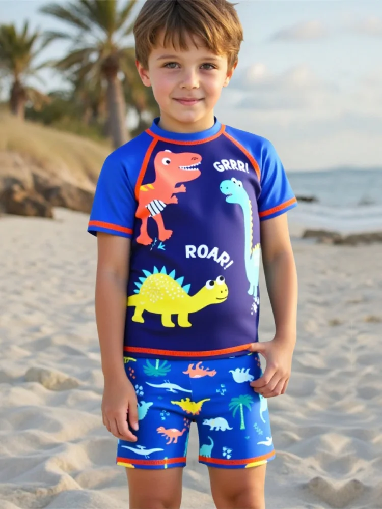 Boy Swimsuit 2026 New Dinosaur Print Short Sleeve Children Swimwear Summer 2 Piece Kids Shorts Beach Wear Swimming Bathing Suits