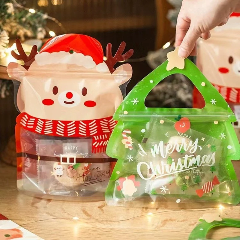

10Pcs Christmas Gift Bags With Handle Cookies Lollipop Chocolate Packaging Bag Decoration Child Favors New Year Party Supplies