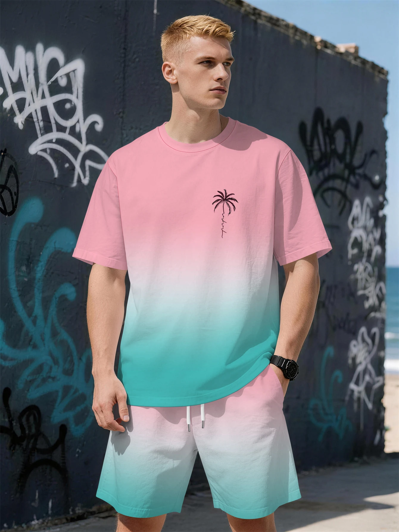 

2026 Summer New Men's Short-Sleeved Set with 3D Patterned Print for Street Casual Fashion Comfortable and Soft