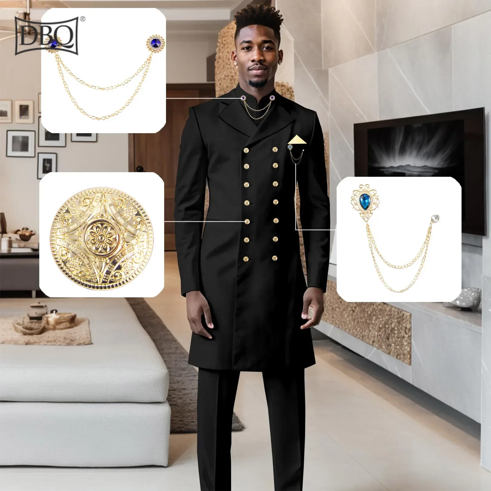 DBQ Men`s Suit Chain Double Breasted Chain Kerchief Blazer and Pants 2 Piece Set Dashiki Outfits African Clothing