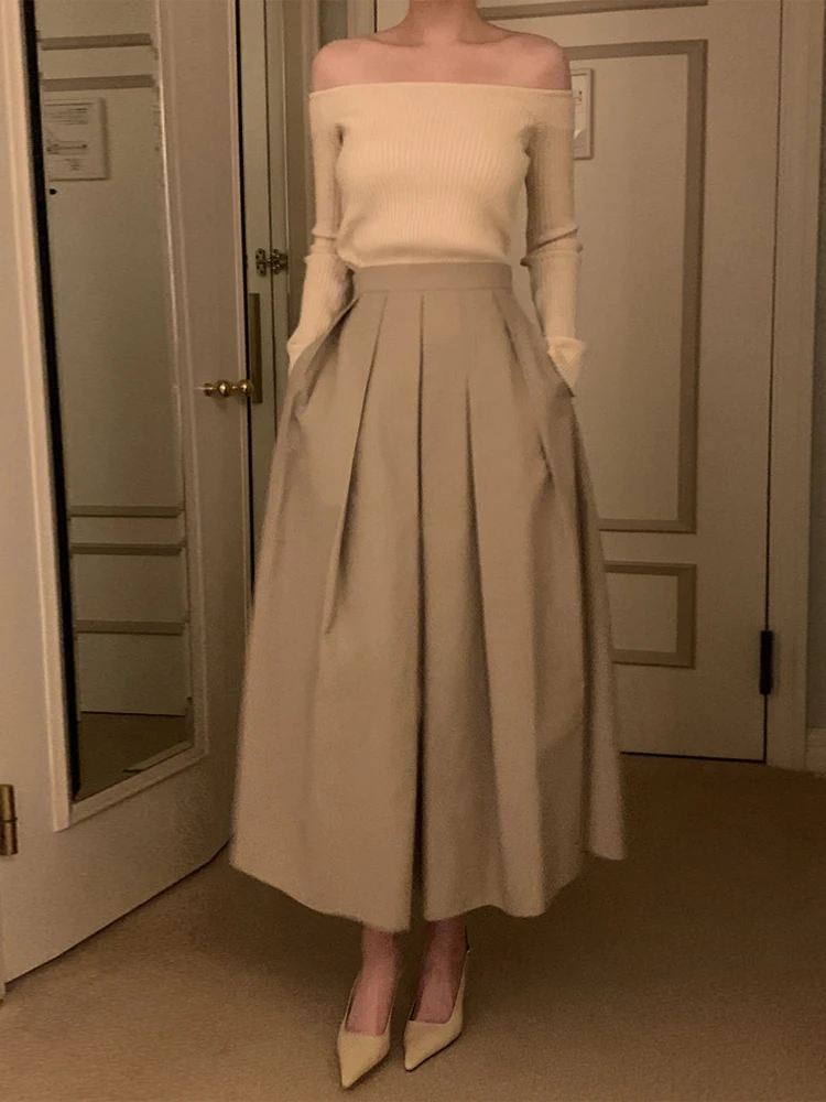 High Waist A-Line Pleated Skirt Women's Mid-Length Umbrella Skirt Slimming Casual Polyester Fabric Girls' Fashion Summer New
