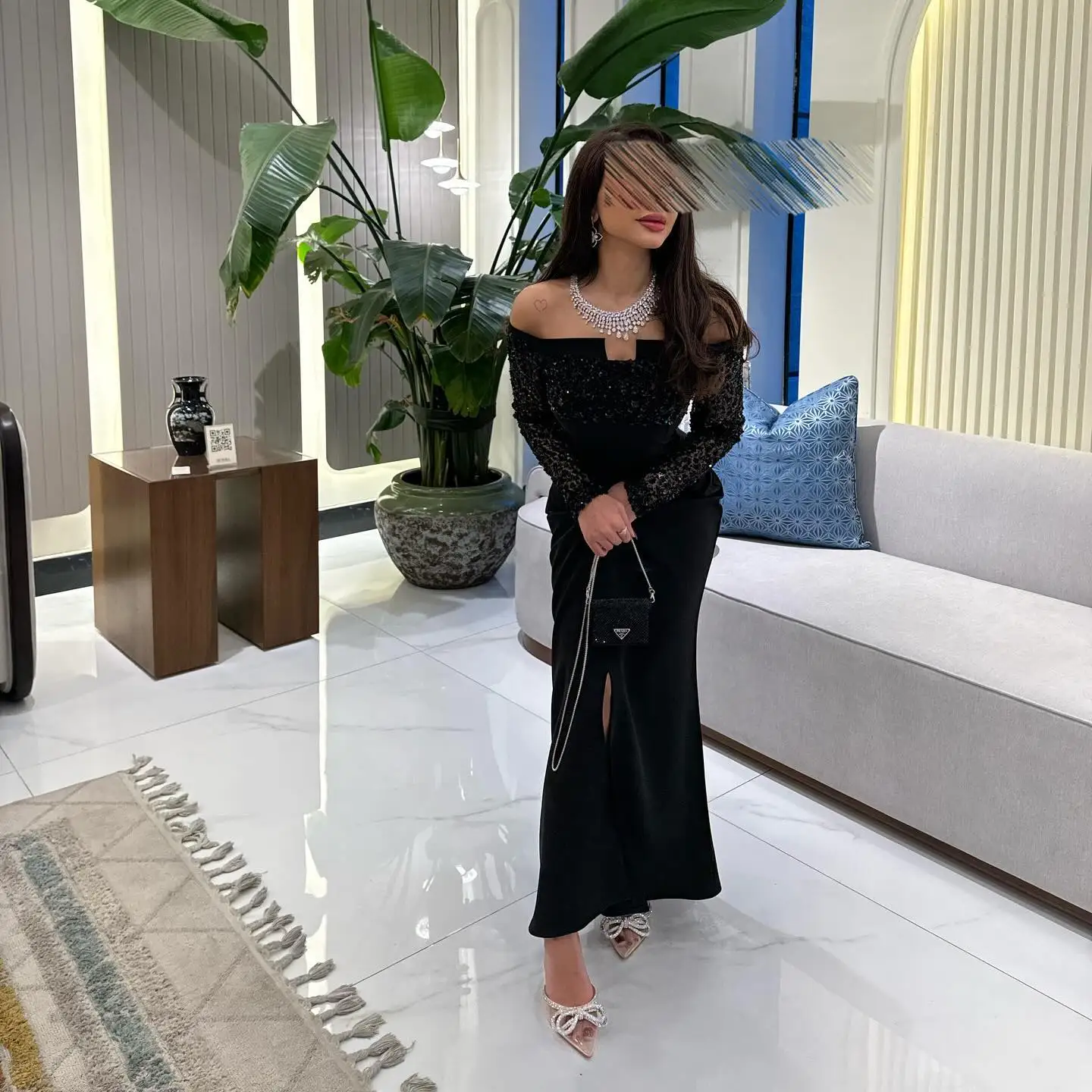 사용자 정의 블랙 저지 이브닝 드레스 클래식 보트 넥 오프 어깨 긴 소매 댄스 파티 드레스 크리스탈 레이스 파티 드레스