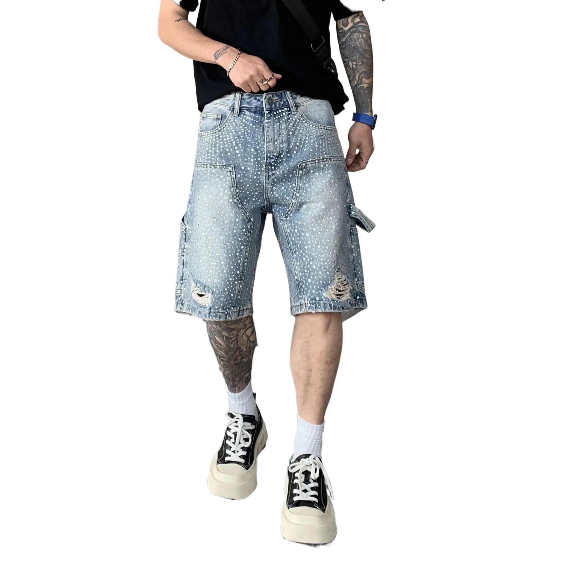 

Men's Fashion Loose Fit Hip Hop Short Jeans With Hotfix Rhinestone High Street Ripped Denim Shorts Summer Distressed Jeans